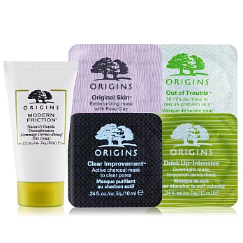 ORIGINS 品木宣言 經典面膜七日急救煥膚組(一飲而盡+天生麗質粉美肌+奇蹟抗痘+泥娃娃活性碳+執米不悔天然微晶煥膚霜)