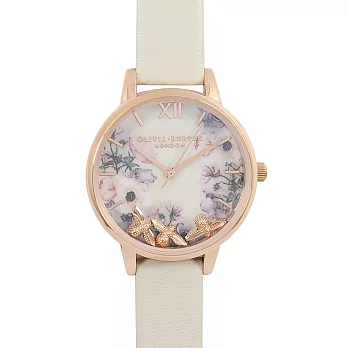 Olivia Burton 英倫復古手錶 3D浮動蜜蜂花園玫瑰金框 米色真皮錶帶30mm