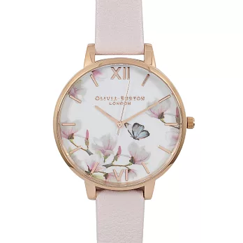Olivia Burton 英倫復古手錶 粉色蝴蝶花園玫瑰金框真皮錶帶38mm