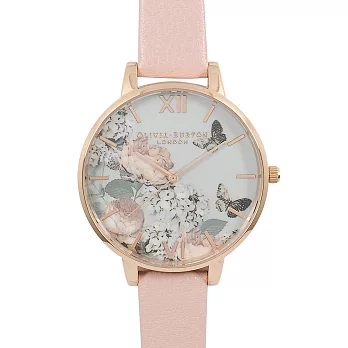 Olivia Burton 英倫復古手錶 牡丹蝴蝶花園玫瑰金框粉色真皮錶帶38mm
