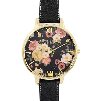 Olivia Burton 英倫復古手錶 冬季花園 金色錶框黑色皮革錶帶38mm