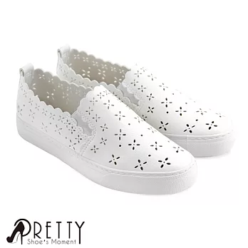 【Pretty】甜美雷射雕花花邊休閒懶人鞋EU39白色