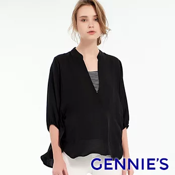 【Gennies奇妮】純色拼接條紋立領燈籠袖哺乳衣黑