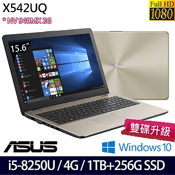 (效能升級)Asus 華碩 X542UQ-0111C8250U 15.6＂FHD/i5-8250U/1TB+256G/940MX_2G獨顯/Win10效能文書筆電-霧面金