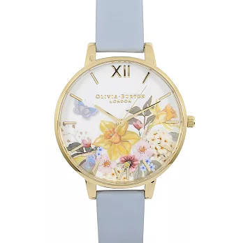 Olivia Burton 英倫復古手錶 黃色花園金框天空藍真皮錶帶38mm