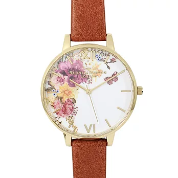 Olivia Burton 英倫復古手錶 魔法花園 棕色真皮錶帶 金色錶框38mm