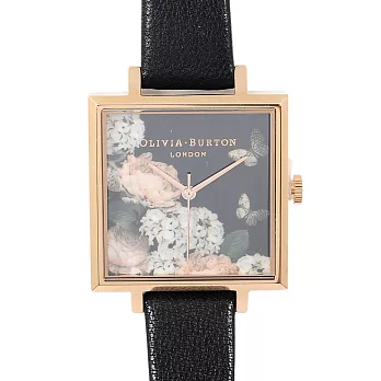 Olivia Burton 英倫復古手錶 牡丹花卉方形錶盤 黑色真皮錶帶玫瑰金框30mm