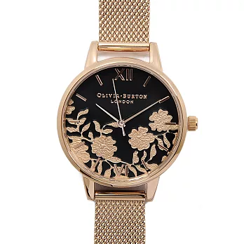 Olivia Burton 英倫復古手錶 蕾絲花卉細節黑色錶面 玫瑰金米蘭錶帶30mm