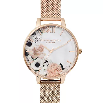 Olivia Burton 英倫復古手錶 花香大理石系列 玫瑰金米蘭金屬錶帶38mm