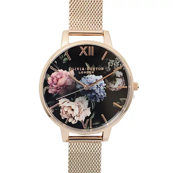 Olivia Burton 英倫復古手錶 夜空花園 玫瑰金米蘭金屬錶帶38mm