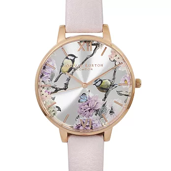 Olivia Burton 英倫復古手錶 蜂鳥花園 淡粉色真皮錶帶玫瑰金框38mm