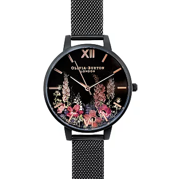 Olivia Burton 英倫復古手錶 夜空花園 啞光黑米蘭金屬錶帶38mm