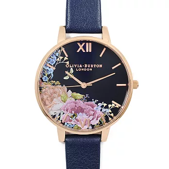 Olivia Burton 英倫復古手錶 夏季午夜花園 海軍藍真皮錶帶玫瑰金框38mm