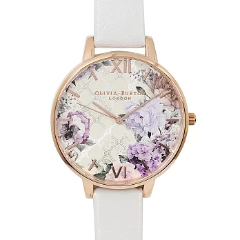 Olivia Burton 英倫復古手錶 溫室花園 白色皮錶帶玫瑰金框38mm