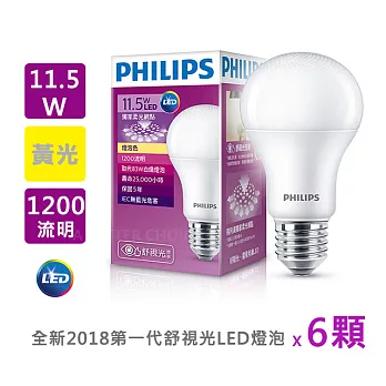 【6入組】【飛利浦 PHILIPS】LED廣角燈泡 11.5W1200lm 全電壓黃光