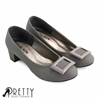 【Pretty】知性橫條方框壓紋中粗跟包鞋JP22.5灰色
