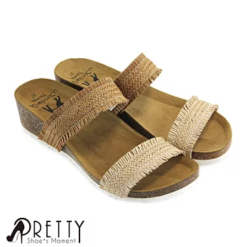 【Pretty】盛夏風情雙色編織造型牛皮楔型拖鞋EU36米色