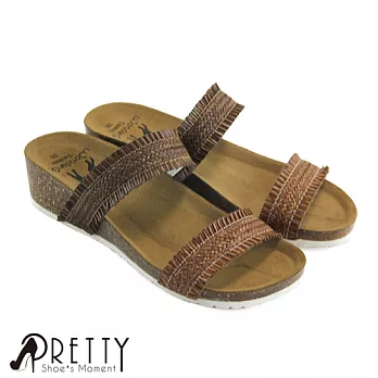 【Pretty】盛夏風情雙色編織造型牛皮楔型拖鞋EU36咖啡色