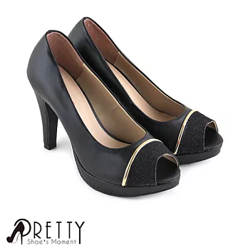 【Pretty】金蔥拼接金屬光感細條高跟魚口鞋JP22.5黑色