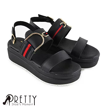 【Pretty】金屬裝飾鬆緊繫踝厚底涼鞋JP23黑色