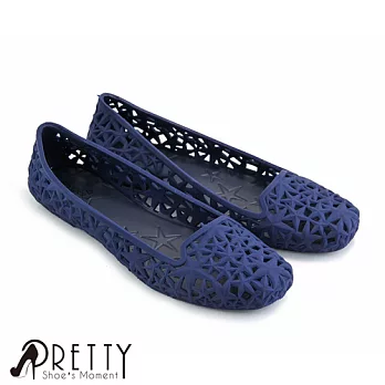 【Pretty】防水滿天星縷空方頭平底鞋/雨鞋EU36藍色