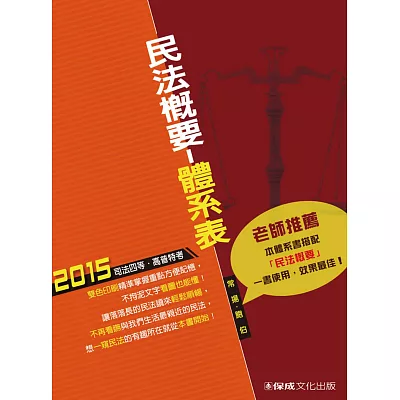 民法概要-體系表-2015司法四等.高普特考<保成><br />民法概要-體系表-2015司法四等.高普特考<保成>常揚,鮑伯<span>,新保成,出版日期:2014/08/10</span>適用時間無限制使用功效雙色印刷,精準掌握重點方便記憶不拘泥於文字 看圖也能懂讓落落長的民法讀來輕鬆順暢不再看不懂與我們生活最親近的民法想一窺民法的有...more<strike>定價:199元</strike>優惠價<strong><font color=