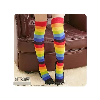 【靴下部屋】英倫彩虹條紋˙棉質膝上襪長統襪-上緣紅