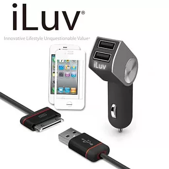 iLuv精美組 雙輸出USB車充+Apple充電傳輸線 iAD630 + Acase iphone4/4s 100%無氣泡螢幕保護貼 白色