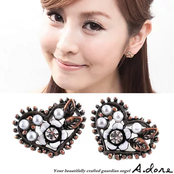 【A.dore】拜占庭愛心˙雕花水晶珍珠耳環-古銅白˙耳夾式