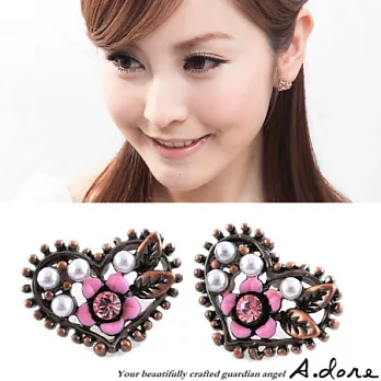 【A.dore】拜占庭愛心˙雕花水晶珍珠耳環-古銅粉紅˙耳夾式