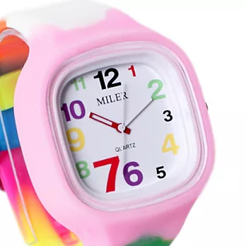 Watch-123 打翻調色盤 方形粉紅框七彩腕錶