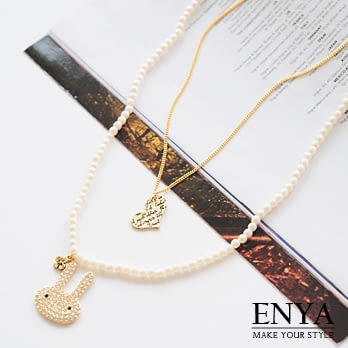 Enya★甜美串珠可愛鑲鑽兔子心形雙層長款項鏈