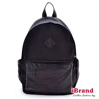 【i Brand 真皮包包】混搭牛皮後背包-時尚黑
