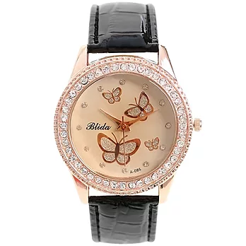 Watch-123 蝶舞春風-都會甜漾晶鑽腕錶-黑色帶