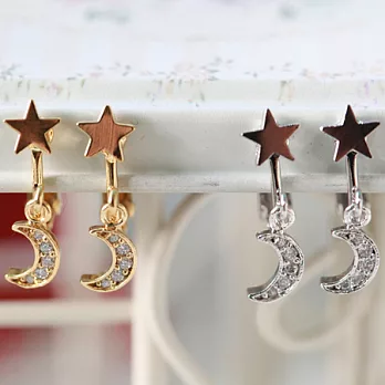 ECO安珂.星星墜月亮鑲水鑽夾式耳環金色