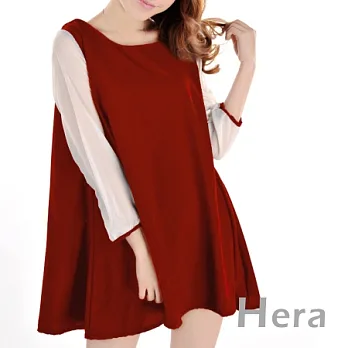 【Hera】撞色雪纺 七分袖拼色連身裙/小洋裝(二色-酒紅色)