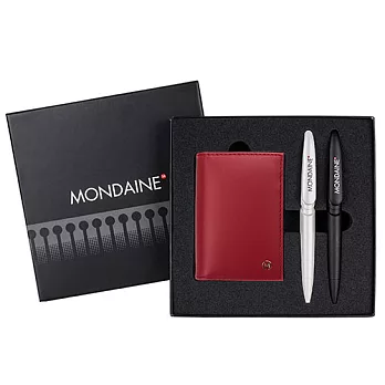 MONDAINE 瑞士國鐵雙色真皮名片夾+對筆禮盒組-紅