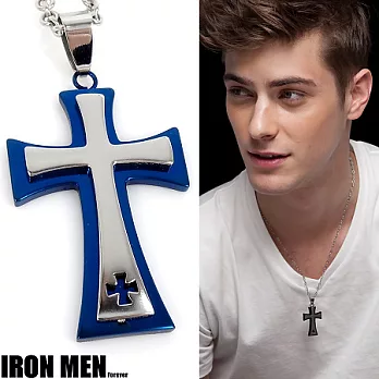 【IRON MEN】斯洛伐克經典˙雙層十字架珠寶白鋼項鍊-藍色系