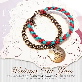 鐵鍊腊繩四股編手鍊紅+湖水綠