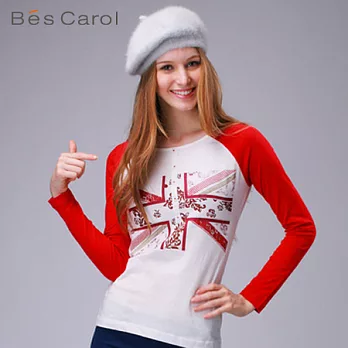 【Bés Carol】女式米字印花圓領T恤M暗紅