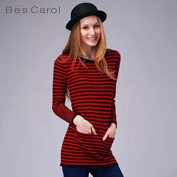 【Bés Carol】女式條紋針織連身裙XL紅