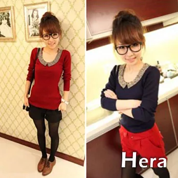 【Hera】赫拉 閃珠圓領針織長袖T(二色任選)藍色