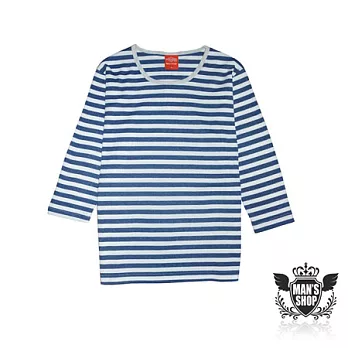 【男人幫 Man’s Shop】T5552*高磅數【經典雙配色條紋七分袖T恤】純綿/保暖MIT 台灣製藍白色 S號