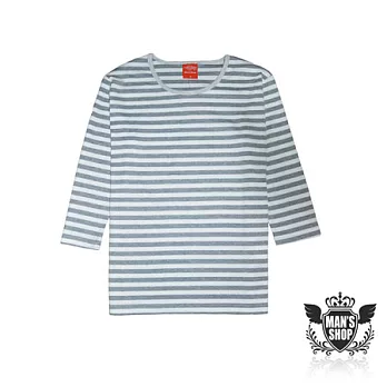 【男人幫 Man’s Shop】T5552*高磅數【經典雙配色條紋七分袖T恤】純綿/保暖MIT 台灣製灰白色 M號