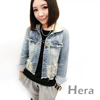 【Hera】赫拉 仿舊刷白磨破抓痕短款牛仔上衣/外套(藍色)M號