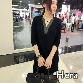 【Hera】赫拉 皮質Y领加絨拼接修身長版T恤/連身裙(二色任選)黑色