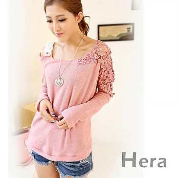 【Hera】赫拉 修身寬鬆花邊刺繡純色露肩上衣/針織衫(四色任選)粉紅色
