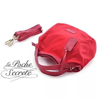 【LaPoche Secrete 真皮包包】輕盈時尚-牛皮MIX尼龍吊牌包 - 玫瑰紅