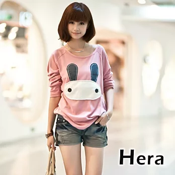 【Hera】赫拉 拼布兔兔圓領寬鬆休閒長袖上衣/長T恤(二色任選)粉紅色