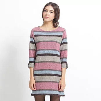 【maca】側口袋配色彩條針織連身裙M粉紅